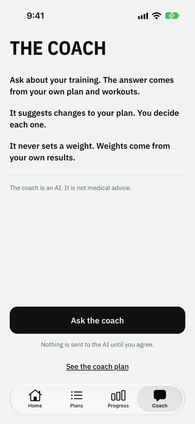 The Coach tab, where you ask about your training and approve each change your coach suggests.