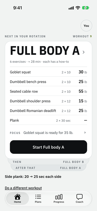 Home in Train Personal: today's workout, Full body A, with six exercises and their weights, a focus line saying the goblet squat is ready for 35 pounds, and the button Start Full body A.