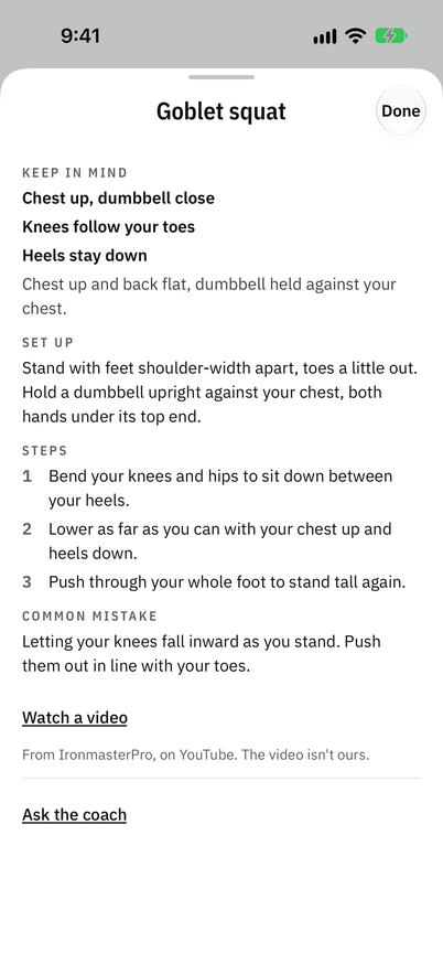 The goblet squat's how-to: keep in mind, set up, three steps, the common mistake, and Watch a video.