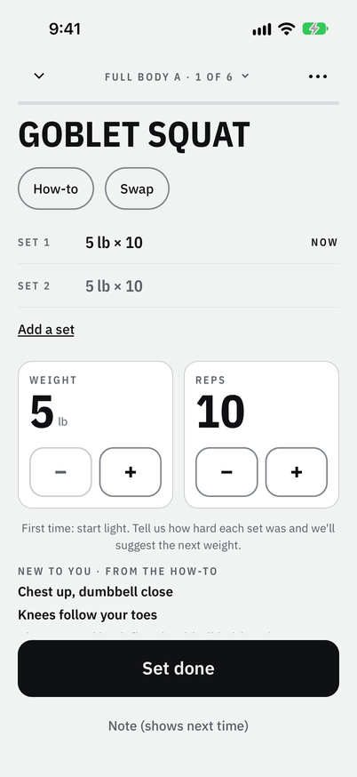 The goblet squat in a first workout: two sets of 5 pounds for 10, weight and reps steppers, and the button Set done.