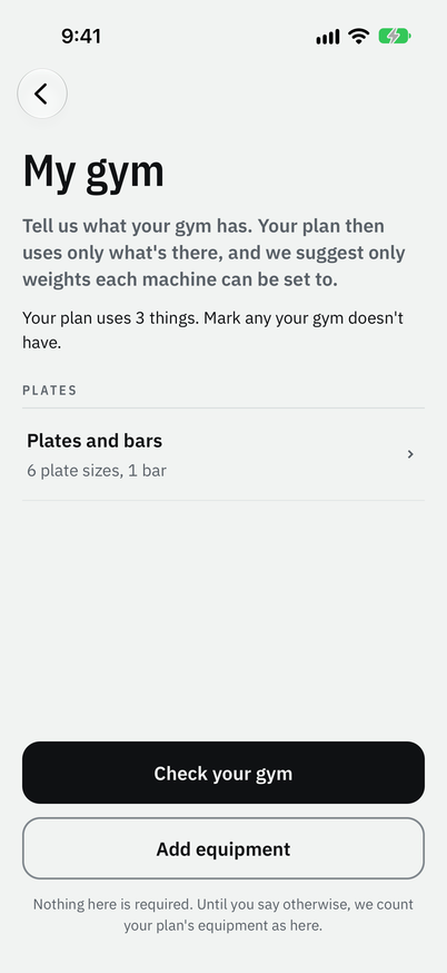 My gym: tell us what your gym has, and your plan uses what's there, with Check your gym and Add equipment.