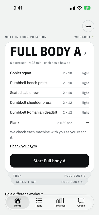 Home straight after set-up: Full body A, six exercises each reading light, and the button Start Full body A.
