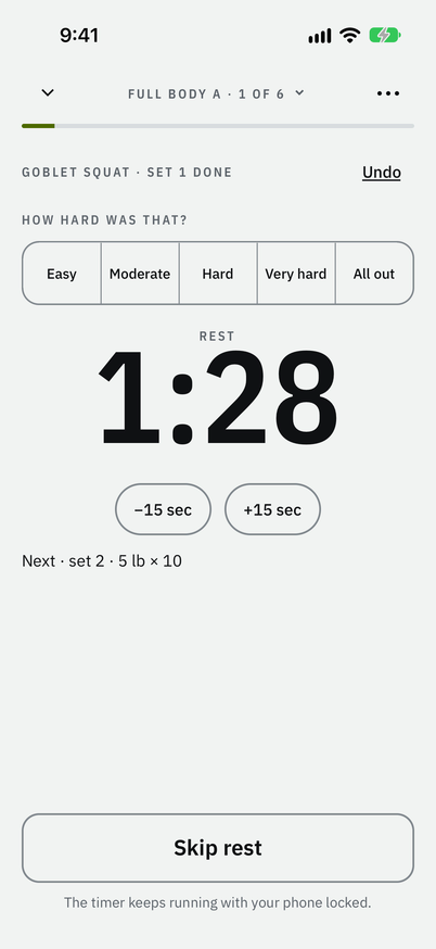Rest after set 1: a clock at 1:28, How hard was that? with Easy, Moderate, Hard, Very hard and All out, and Skip rest.