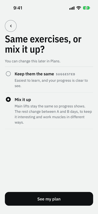 Same exercises, or mix it up?, with Mix it up chosen, and the button See my plan.