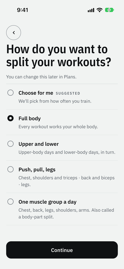How do you want to split your workouts?, with Full body chosen, and Choose for me among the answers.