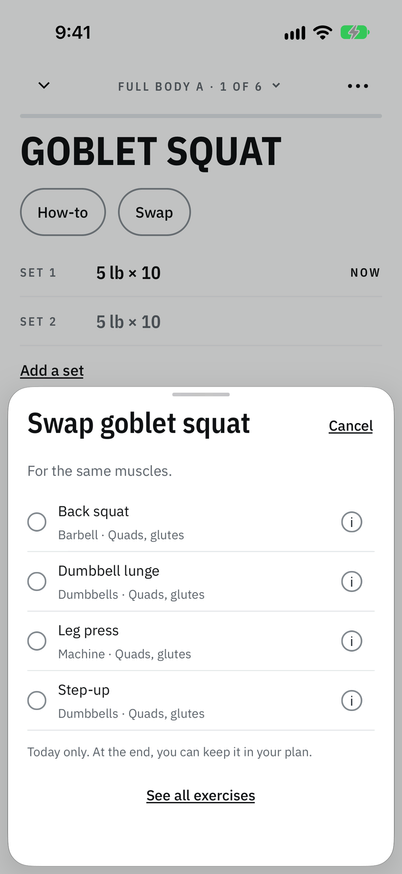 The Swap sheet for the goblet squat: for the same muscles, back squat, dumbbell lunge, leg press and step-up, today only.